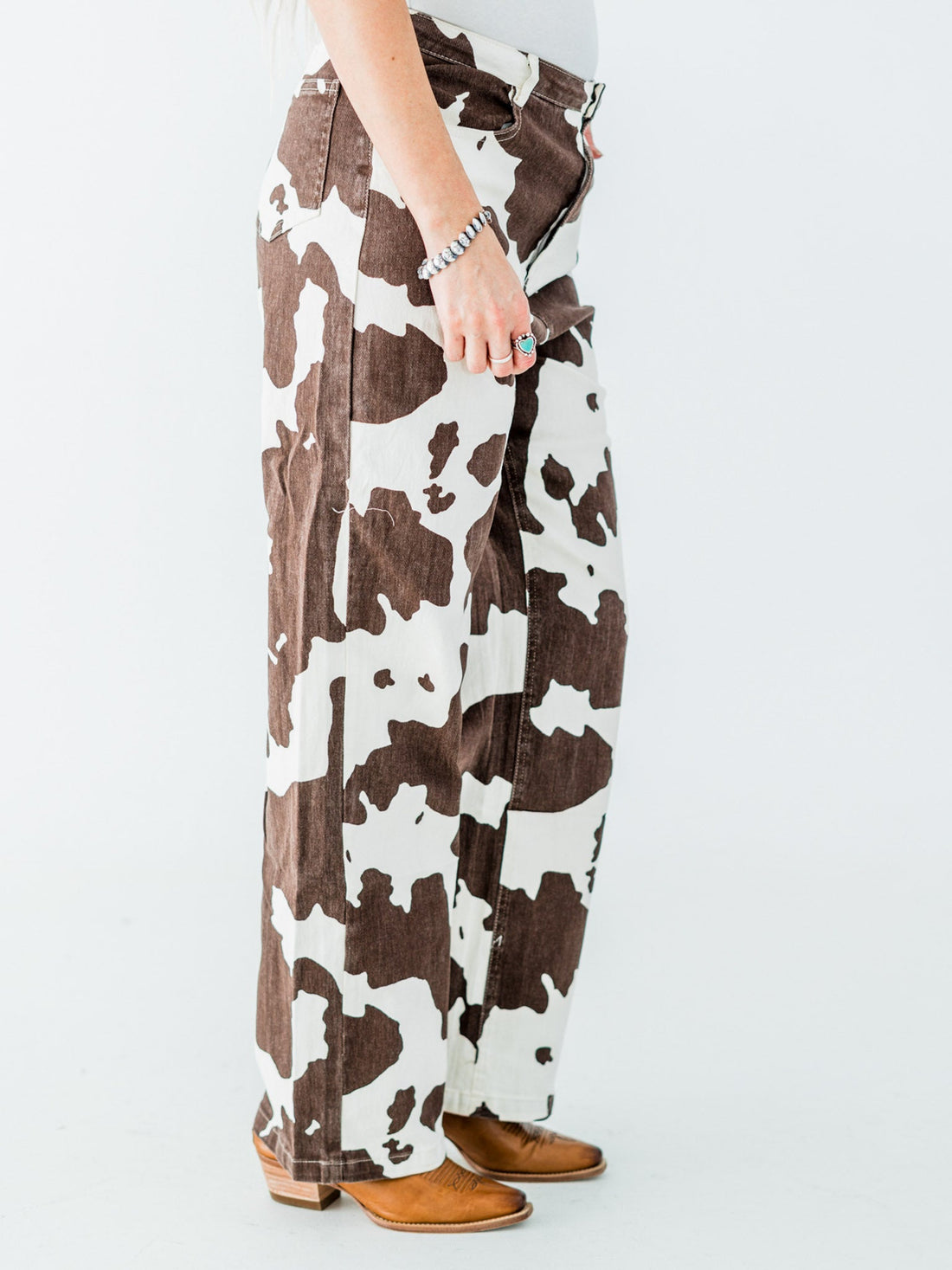 Straight Leg Brown & White Cow Print Denim Pants - Whiskey Skies - JADE BY JANE
