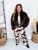 Straight Leg Brown & White Cow Print Denim Pants - Whiskey Skies - JADE BY JANE