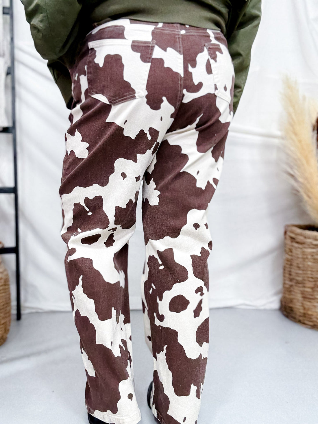 Straight Leg Brown & White Cow Print Denim Pants - Whiskey Skies - JADE BY JANE