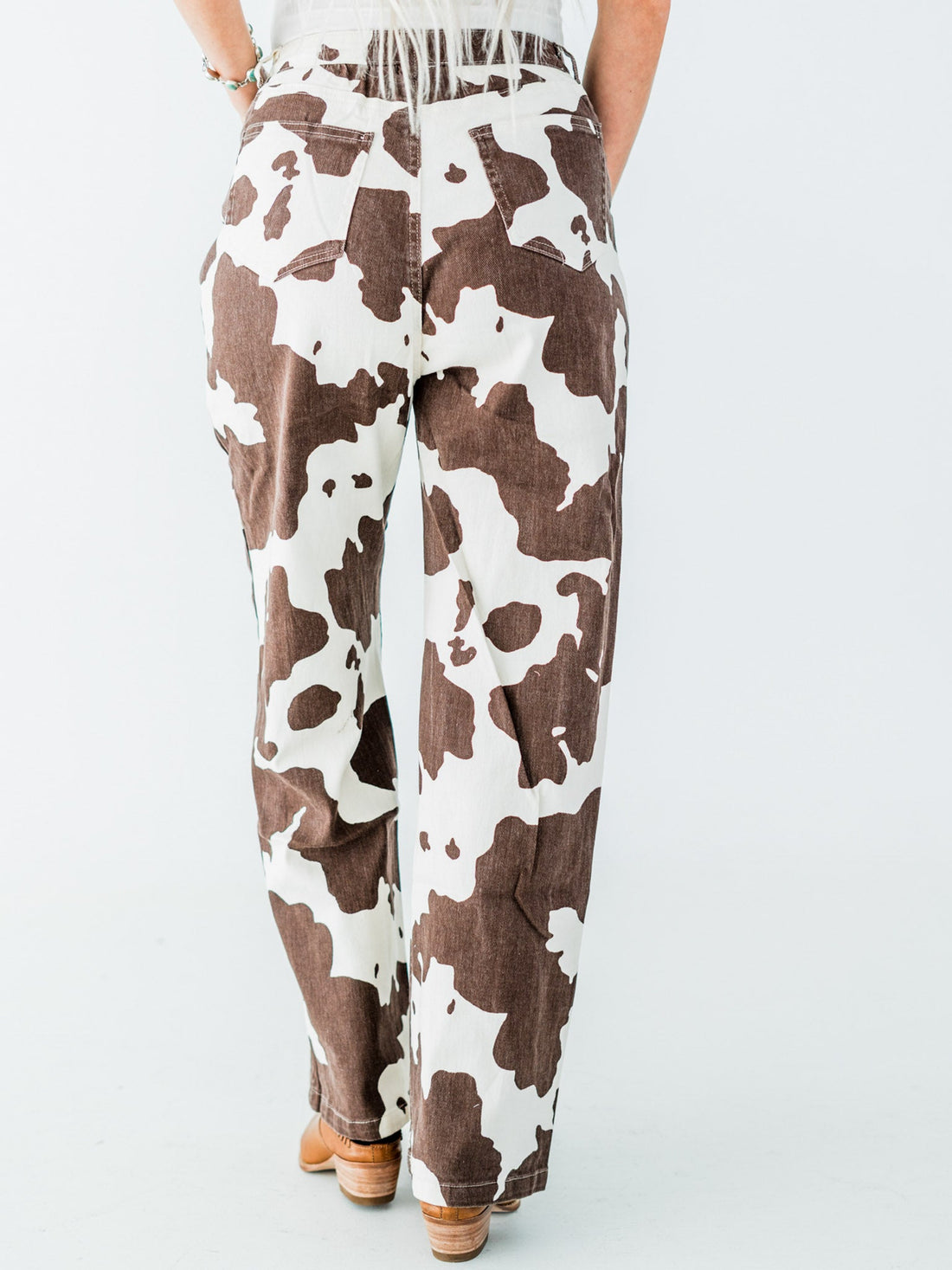 Straight Leg Brown & White Cow Print Denim Pants - Whiskey Skies - JADE BY JANE