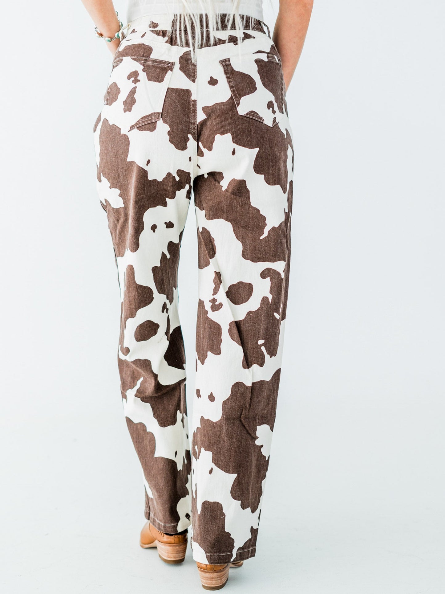 Straight Leg Brown & White Cow Print Denim Pants - Whiskey Skies - JADE BY JANE