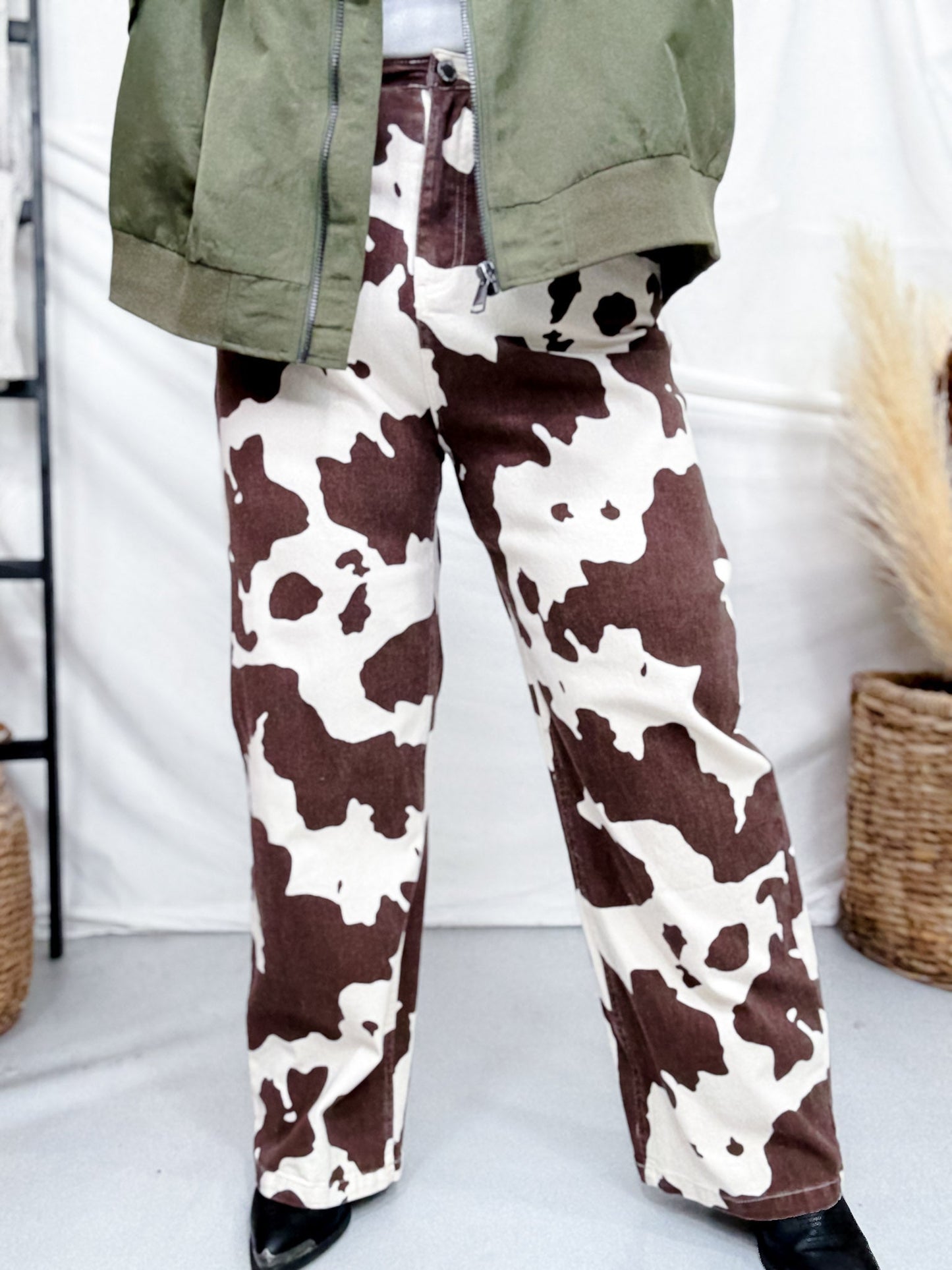 Straight Leg Brown & White Cow Print Denim Pants - Whiskey Skies - JADE BY JANE