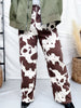 Straight Leg Brown & White Cow Print Denim Pants - Whiskey Skies - JADE BY JANE