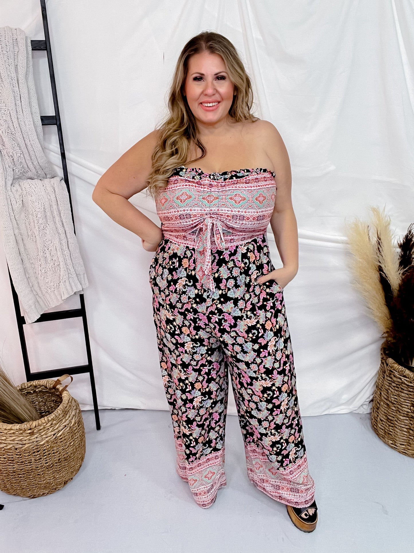 Strapless Floral Print Jumpsuit - Whiskey Skies - WHITE BIRCH
