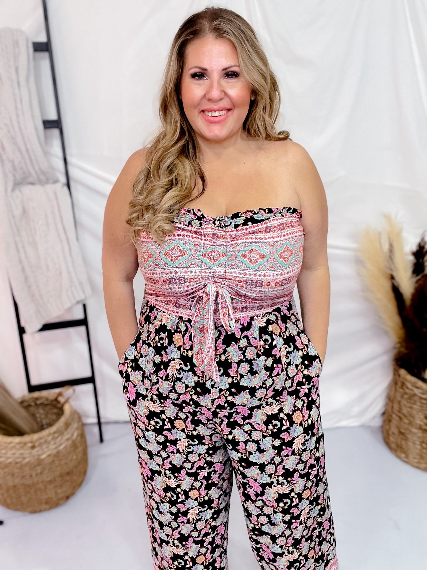 Strapless Floral Print Jumpsuit - Whiskey Skies - WHITE BIRCH