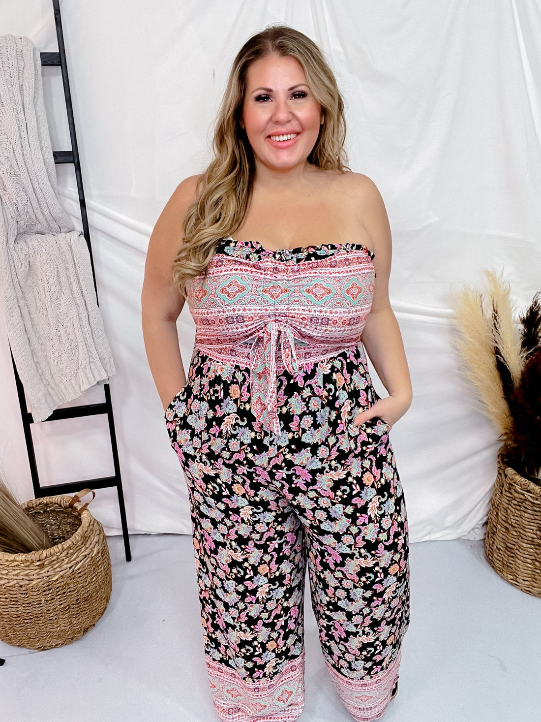 Strapless Floral Print Jumpsuit - Whiskey Skies - WHITE BIRCH