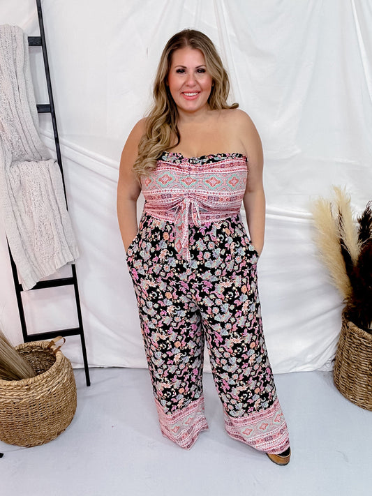 Strapless Floral Print Jumpsuit - Whiskey Skies - WHITE BIRCH