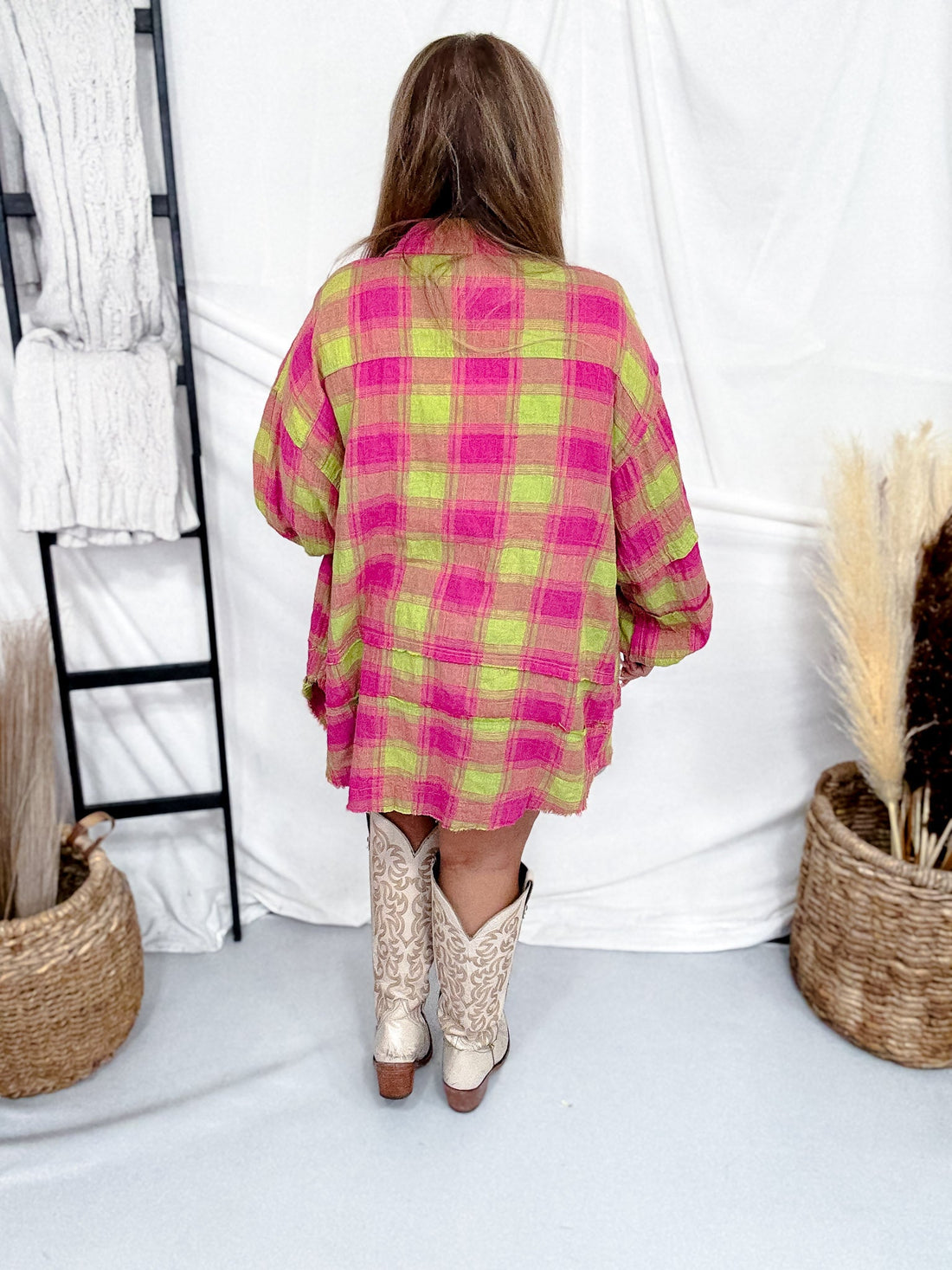 Strawberry Matcha Plaid Cotton Linen Button Front Shirt - Whiskey Skies - EASEL