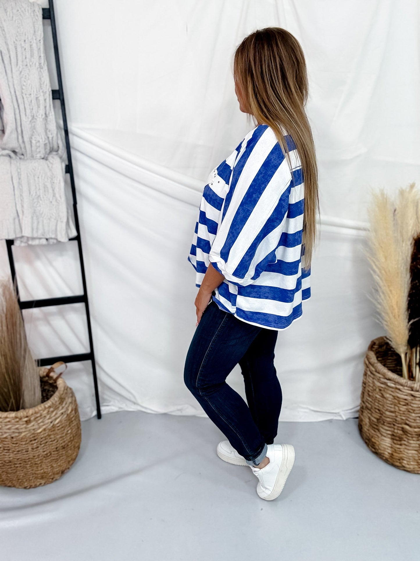 Striped Blue & White Top With Studded Star Applique - Whiskey Skies - ODDI