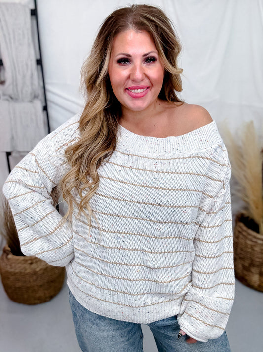 Striped Boat Neck Sweater In Speckled Oatmeal - Whiskey Skies - ANDREE BY UNIT