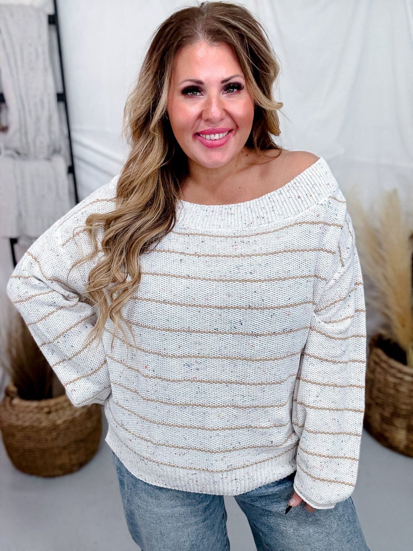 Striped Boat Neck Sweater In Speckled Oatmeal - Whiskey Skies - ANDREE BY UNIT