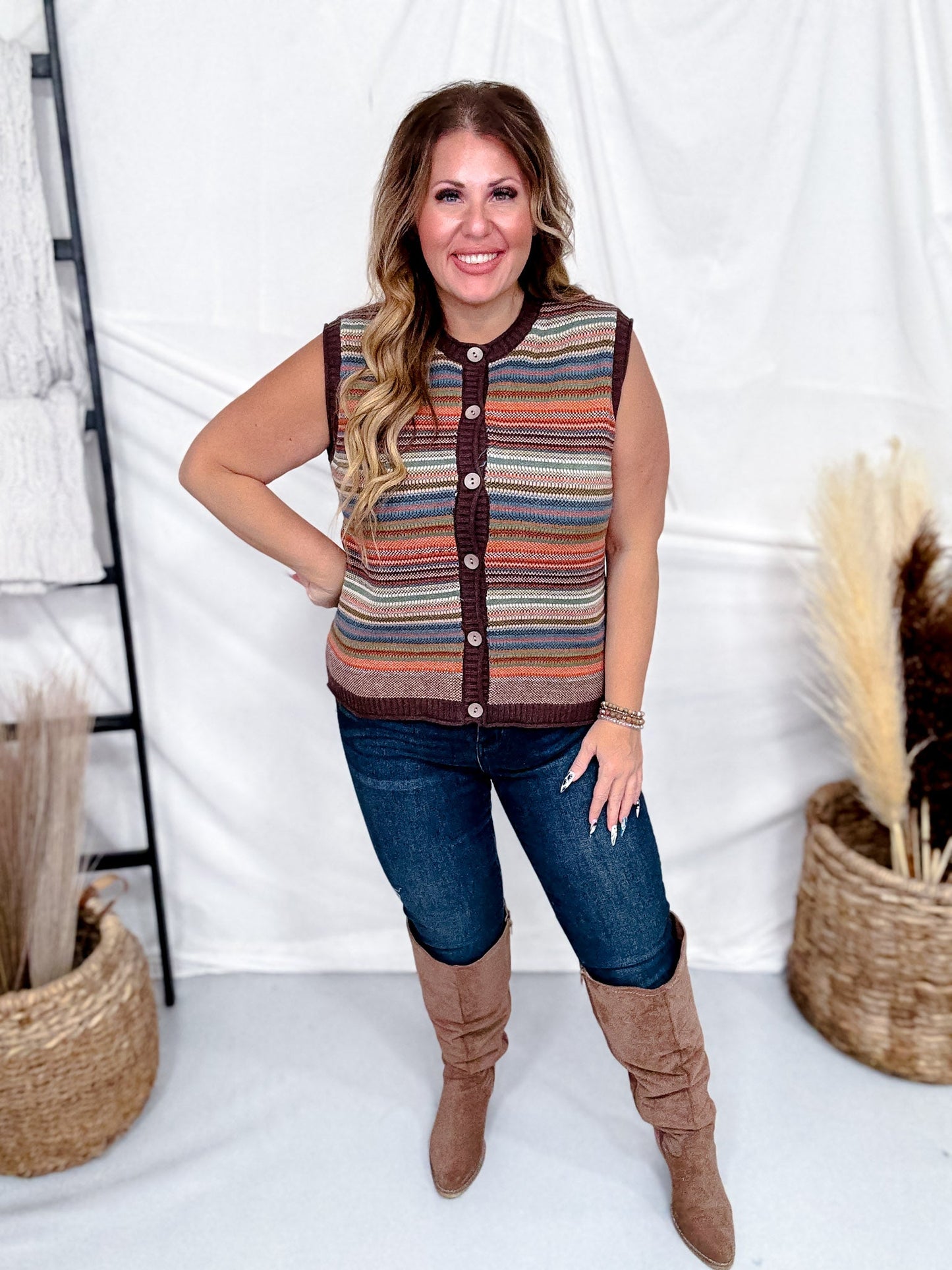 Striped Knit Button Down Sweater Vest - Whiskey Skies - DAVI & DANI