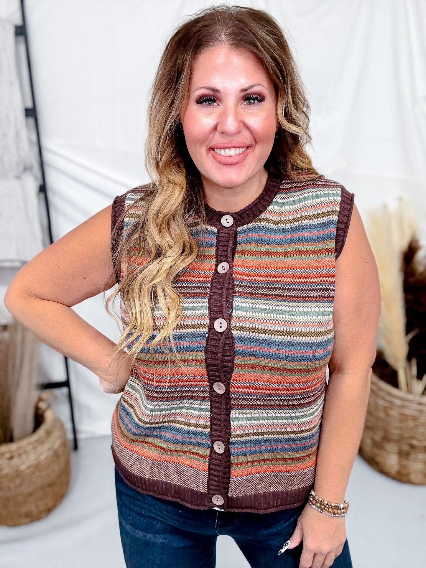 Striped Knit Button Down Sweater Vest - Whiskey Skies - DAVI & DANI