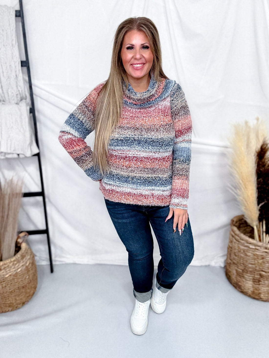 Striped Knit Off The Shoulder Pullover Sweater - Whiskey Skies - SWEET GENERIS