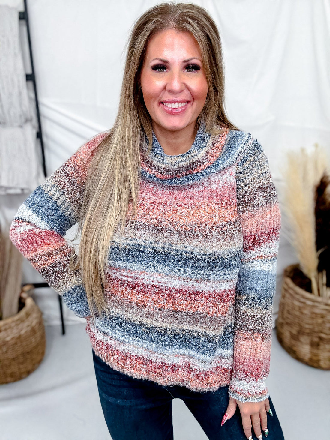 Striped Knit Off The Shoulder Pullover Sweater - Whiskey Skies - SWEET GENERIS