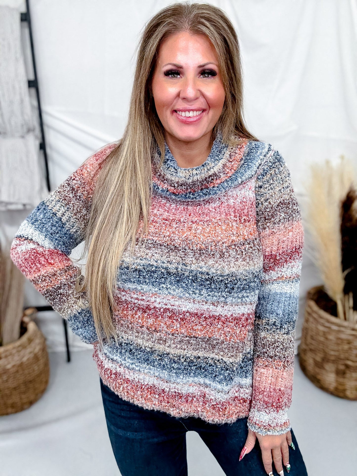 Striped Knit Off The Shoulder Pullover Sweater - Whiskey Skies - SWEET GENERIS