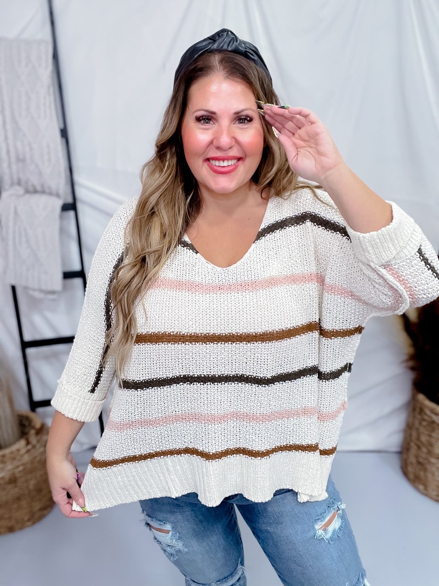 Striped Long Sleeve Boat Neck Knitted Sweater - Whiskey Skies - ADORA