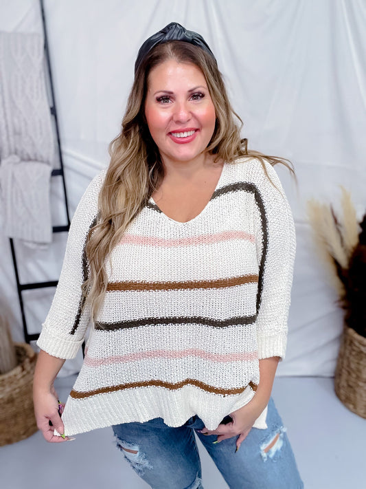 Striped Long Sleeve Boat Neck Knitted Sweater - Whiskey Skies - ADORA