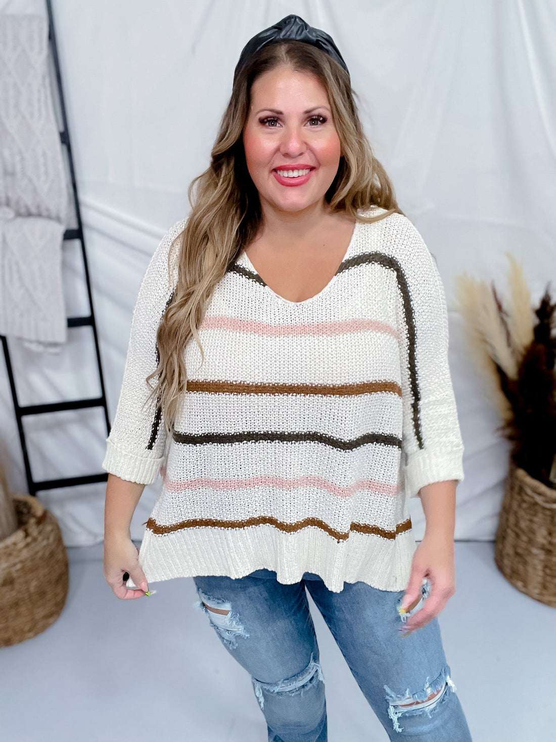 Striped Long Sleeve Boat Neck Knitted Sweater - Whiskey Skies - ADORA