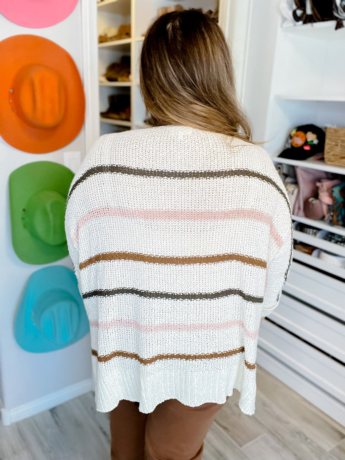 Striped Long Sleeve Boat Neck Knitted Sweater - Whiskey Skies - ADORA