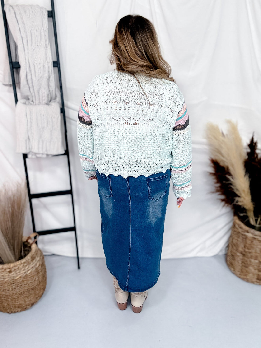 Striped Mint Green Lightweight Crochet Cardigan - Whiskey Skies - POL CLOTHING INC.