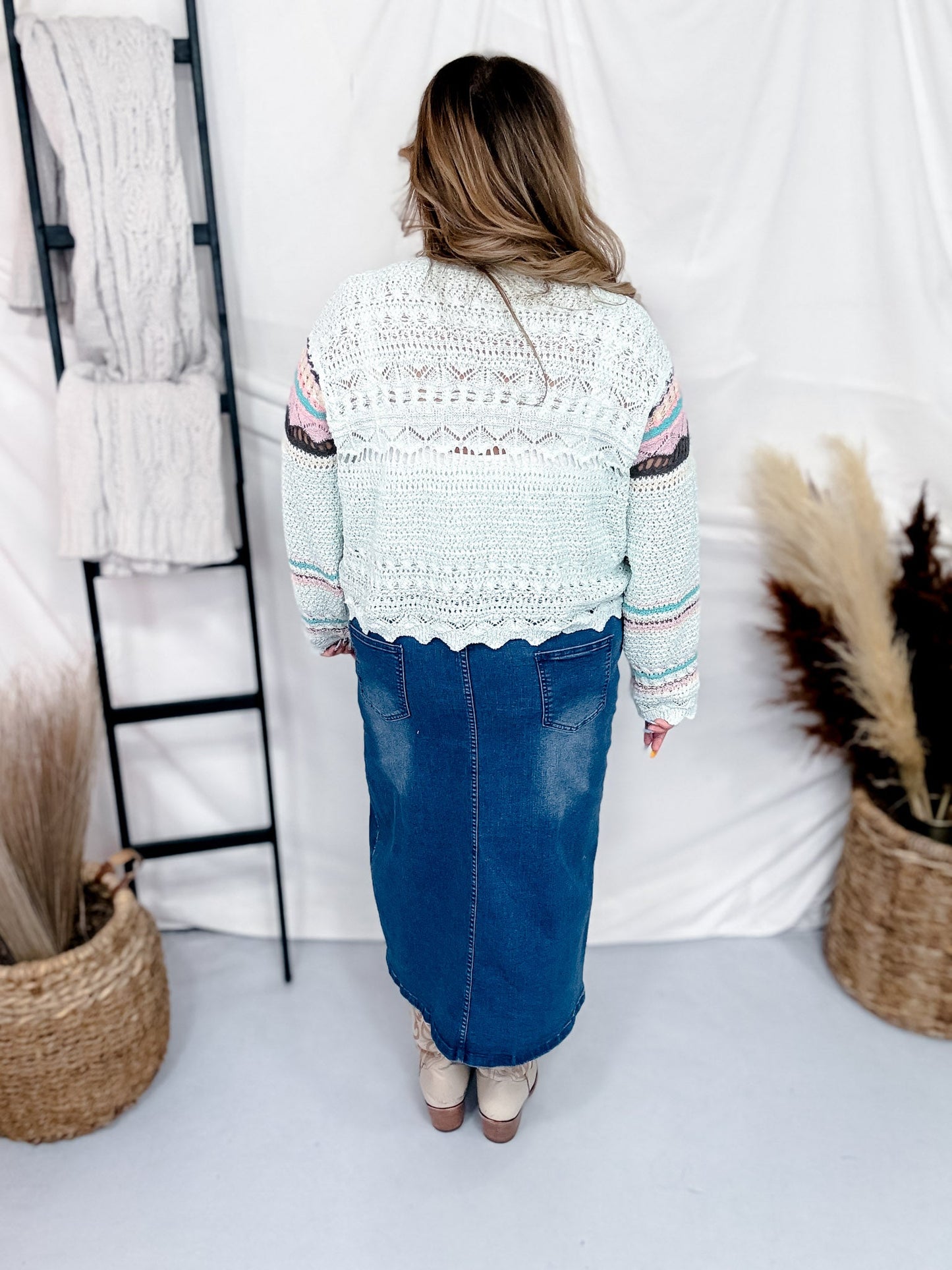 Striped Mint Green Lightweight Crochet Cardigan - Whiskey Skies - POL CLOTHING INC.