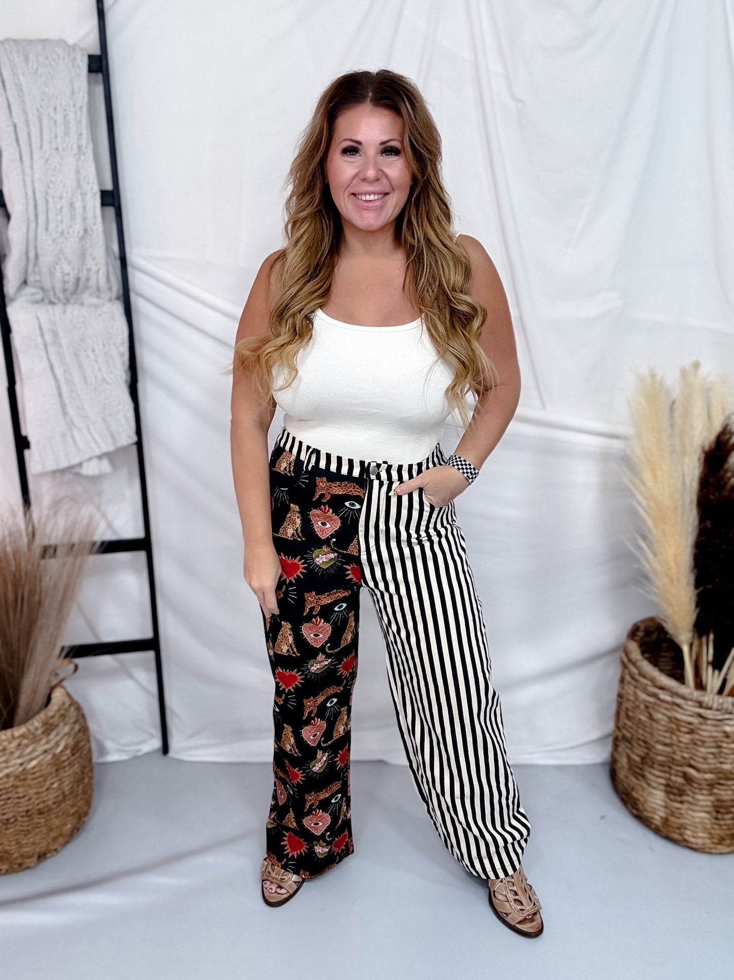 Striped Mixed Print Wide Leg Jeans - Whiskey Skies - JADE BY JANE