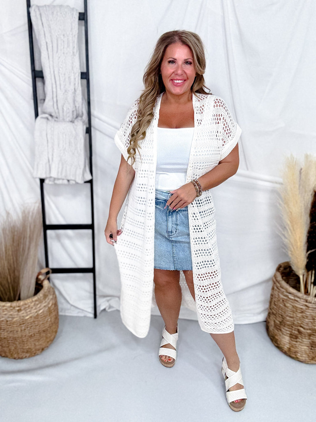 Striped Open Knit Long Cardigan In Ivory - Whiskey Skies - COZY CO