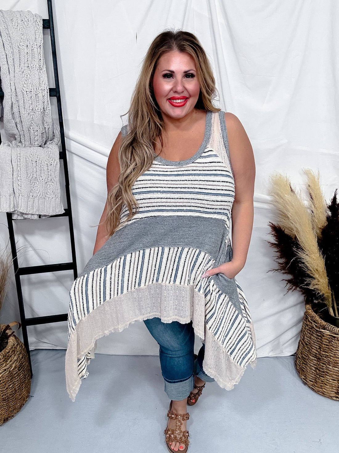 Striped Oversized Tank Top with Sharkbite Hem in Gray - Whiskey Skies - OLI & HALI