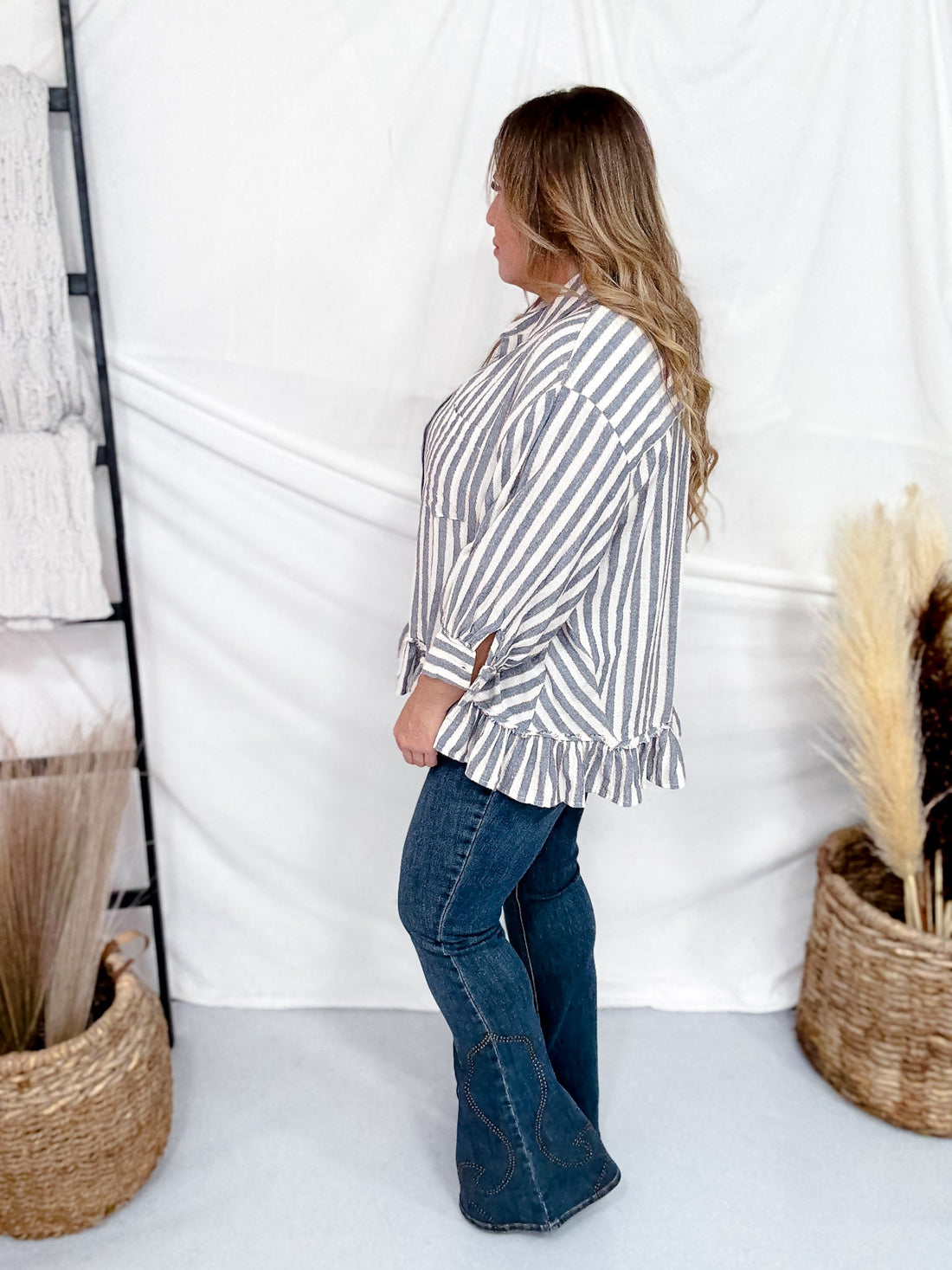 Striped Ruffled Hem Button Down Linen Top - Whiskey Skies - EASEL