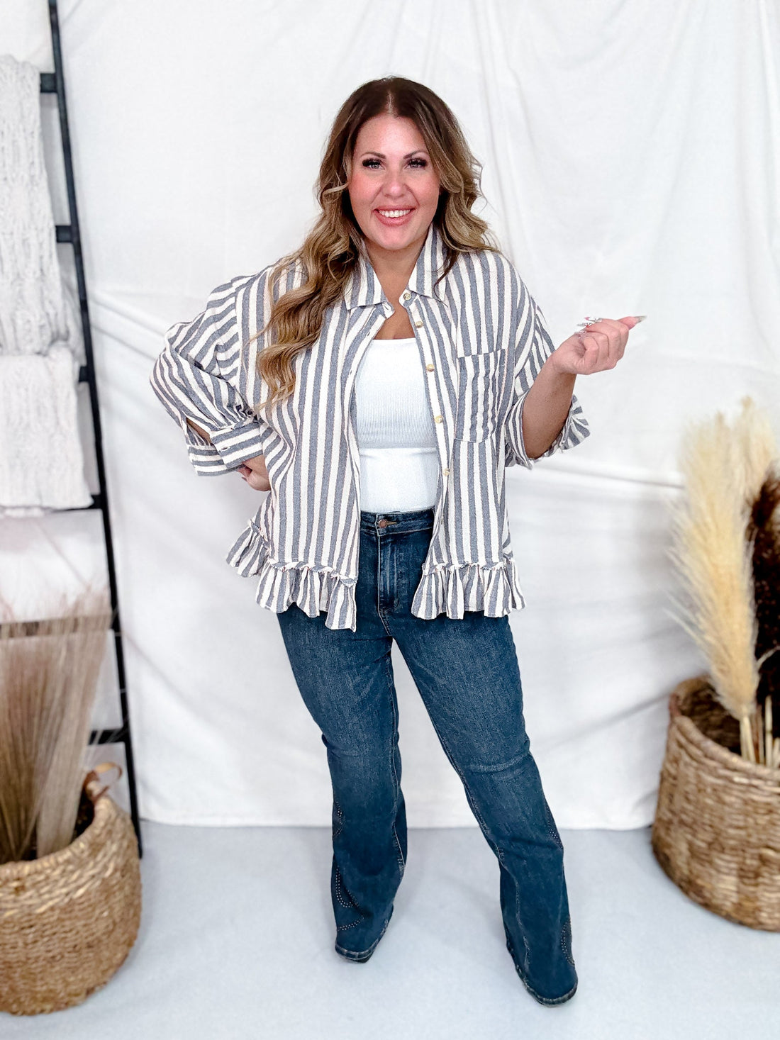 Striped Ruffled Hem Button Down Linen Top - Whiskey Skies - EASEL