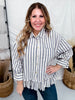 Striped Ruffled Hem Button Down Linen Top - Whiskey Skies - EASEL
