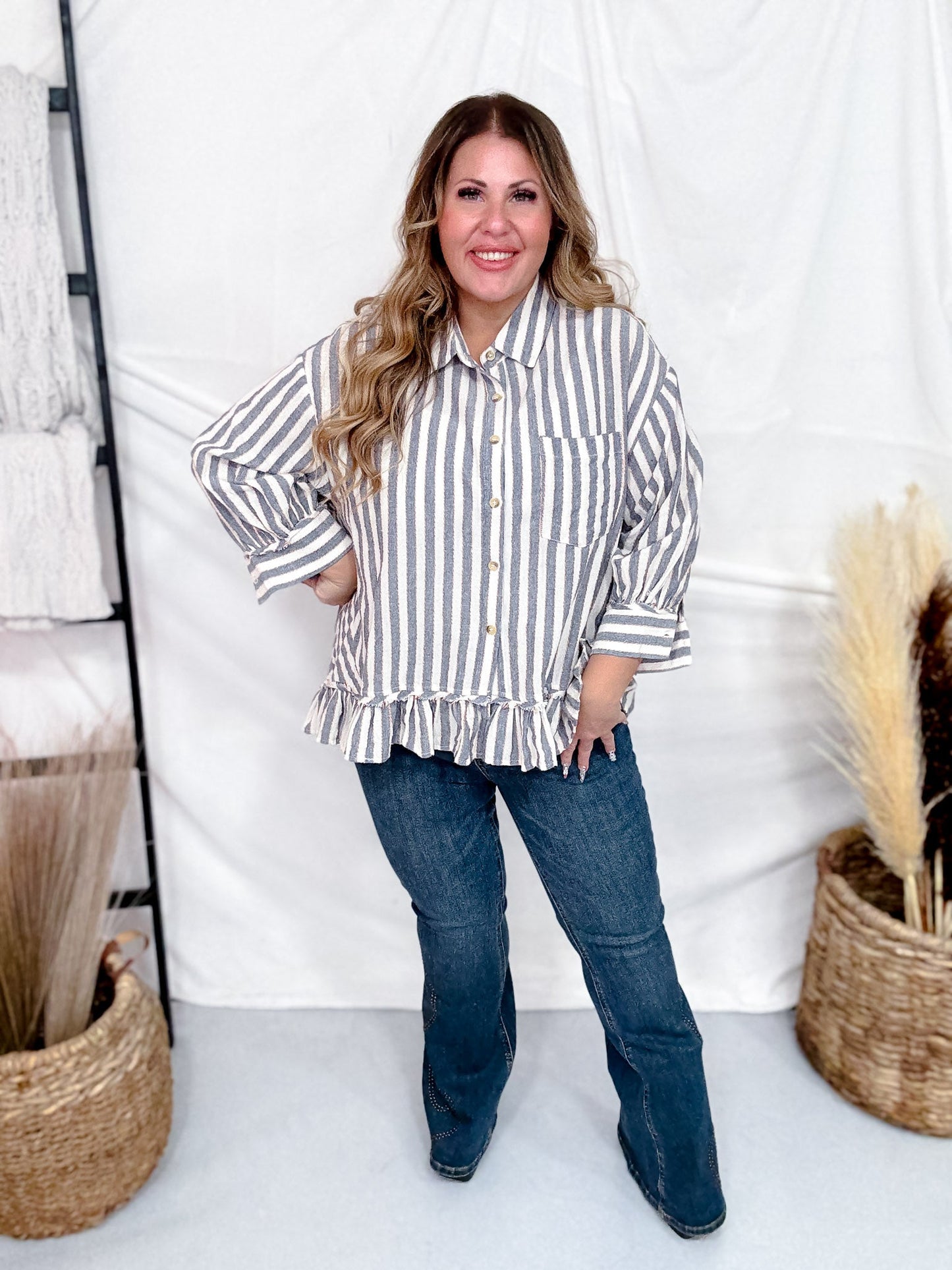Striped Ruffled Hem Button Down Linen Top - Whiskey Skies - EASEL