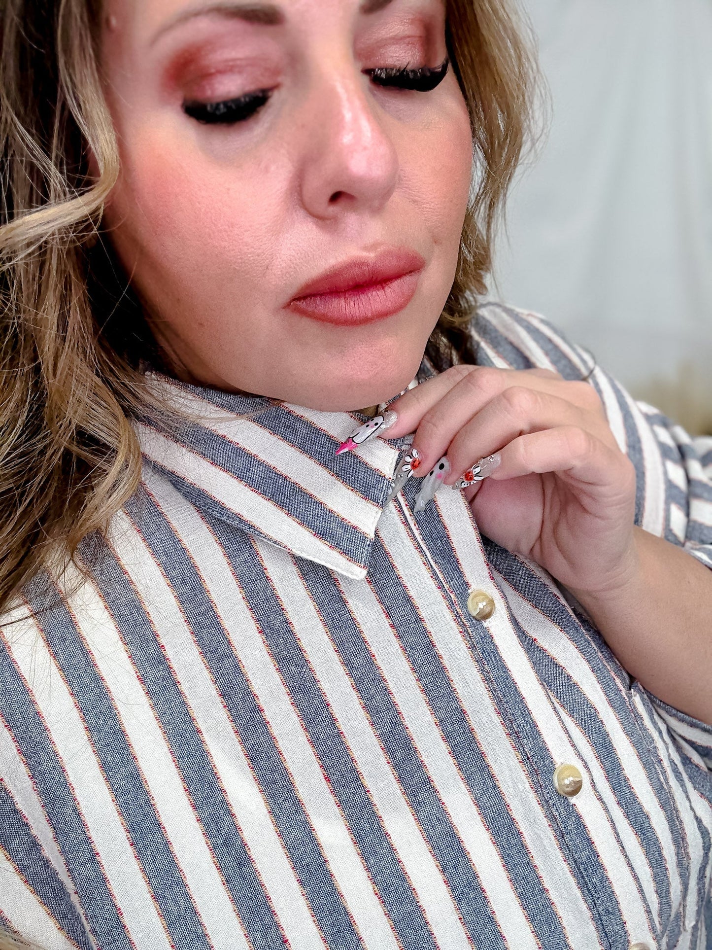 Striped Ruffled Hem Button Down Linen Top - Whiskey Skies - EASEL