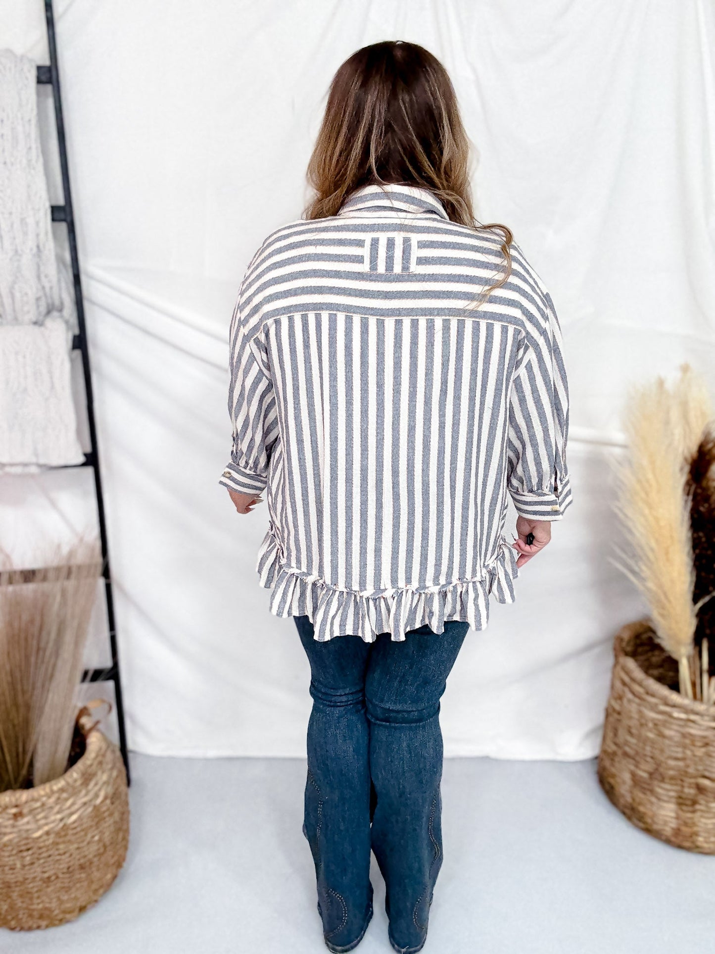 Striped Ruffled Hem Button Down Linen Top - Whiskey Skies - EASEL