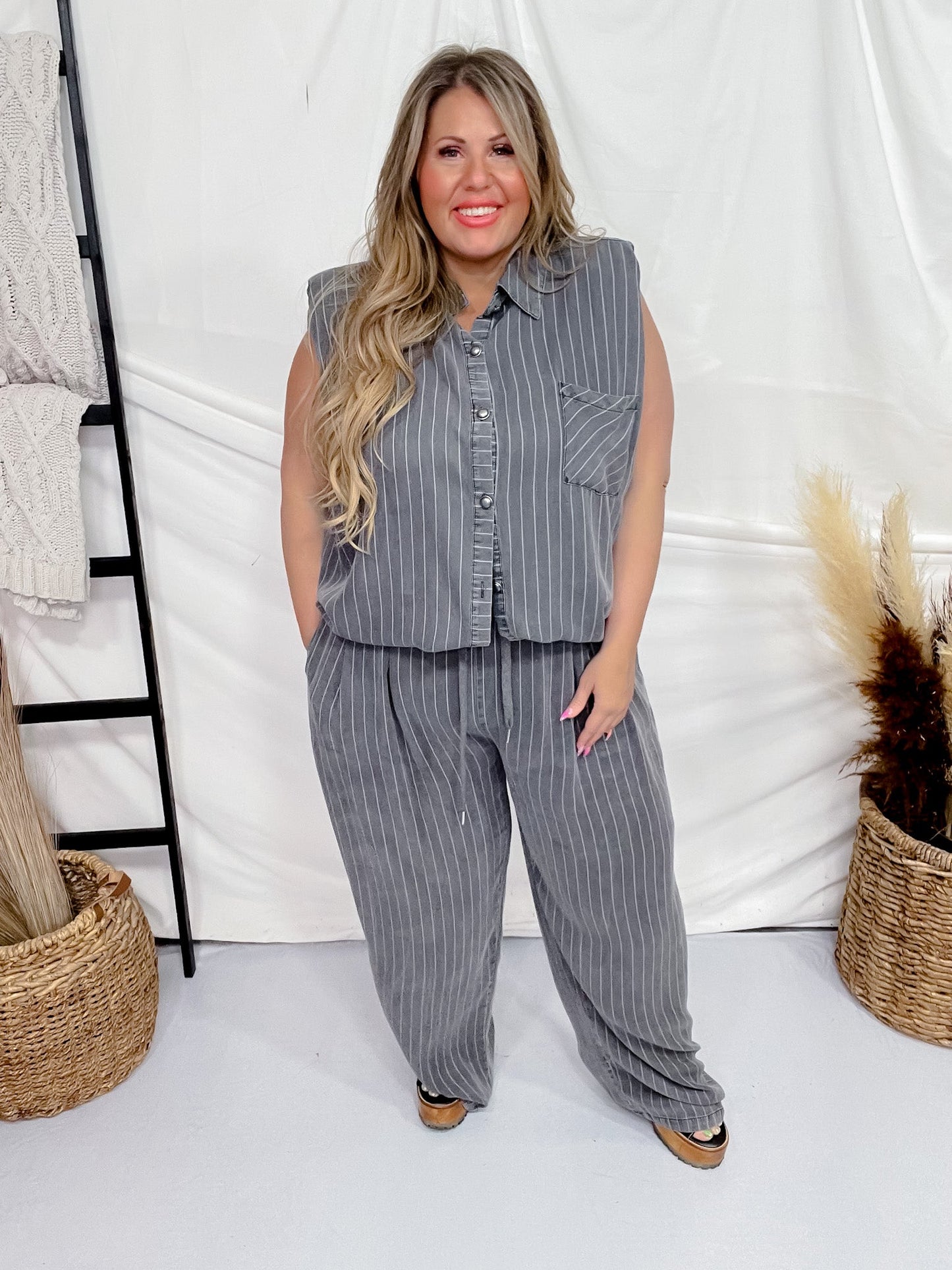 Striped Short Sleeve Button Front Top W/ Wide Leg Pants Set - Whiskey Skies - DAVI & DANI