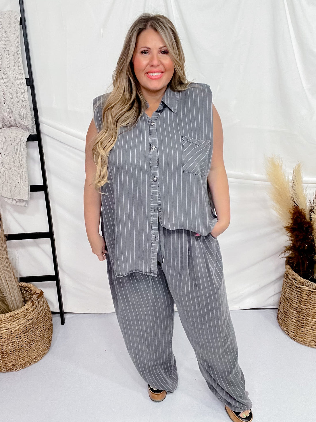 Striped Short Sleeve Button Front Top W/ Wide Leg Pants Set - Whiskey Skies - DAVI & DANI