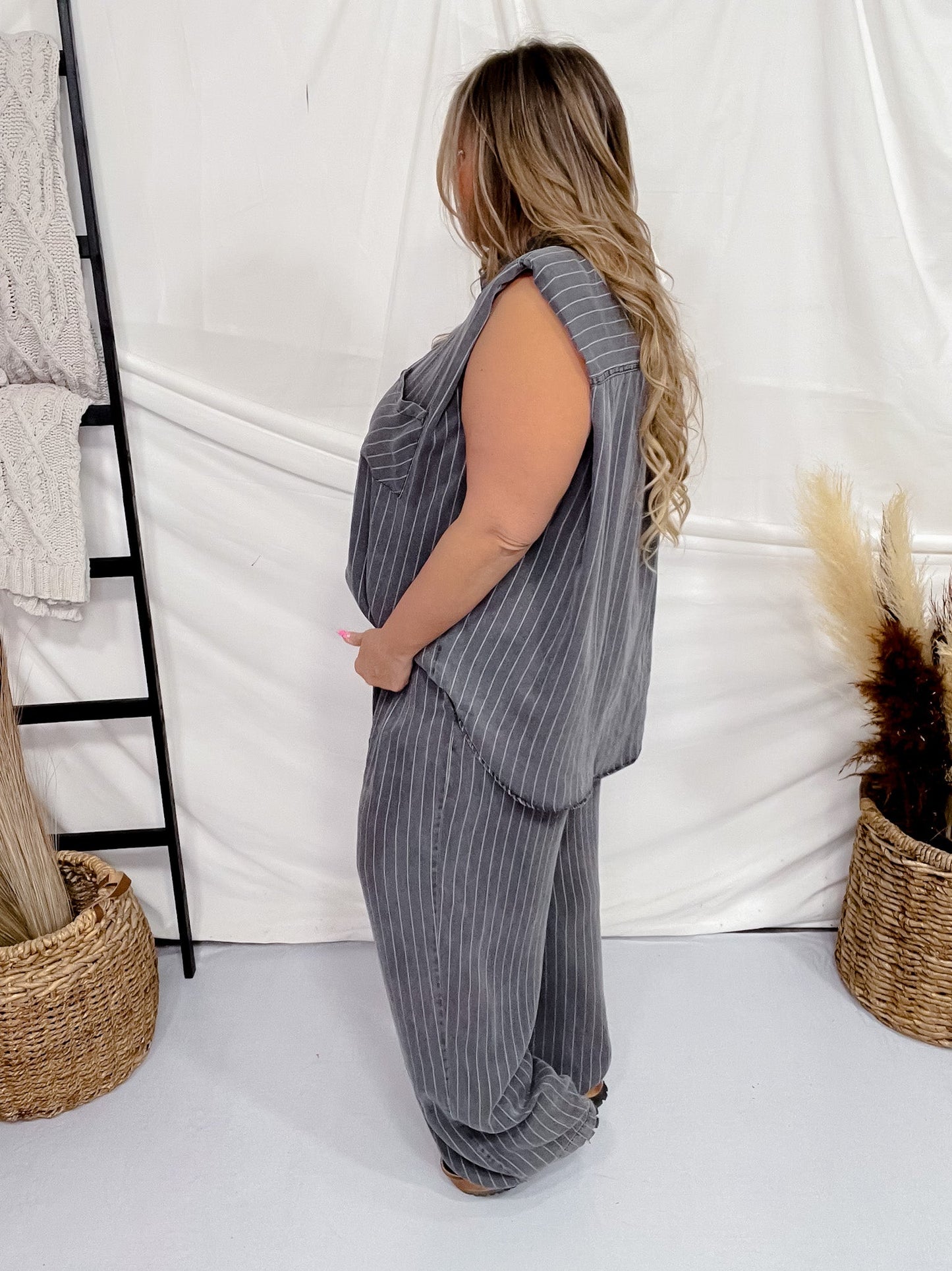 Striped Short Sleeve Button Front Top W/ Wide Leg Pants Set - Whiskey Skies - DAVI & DANI