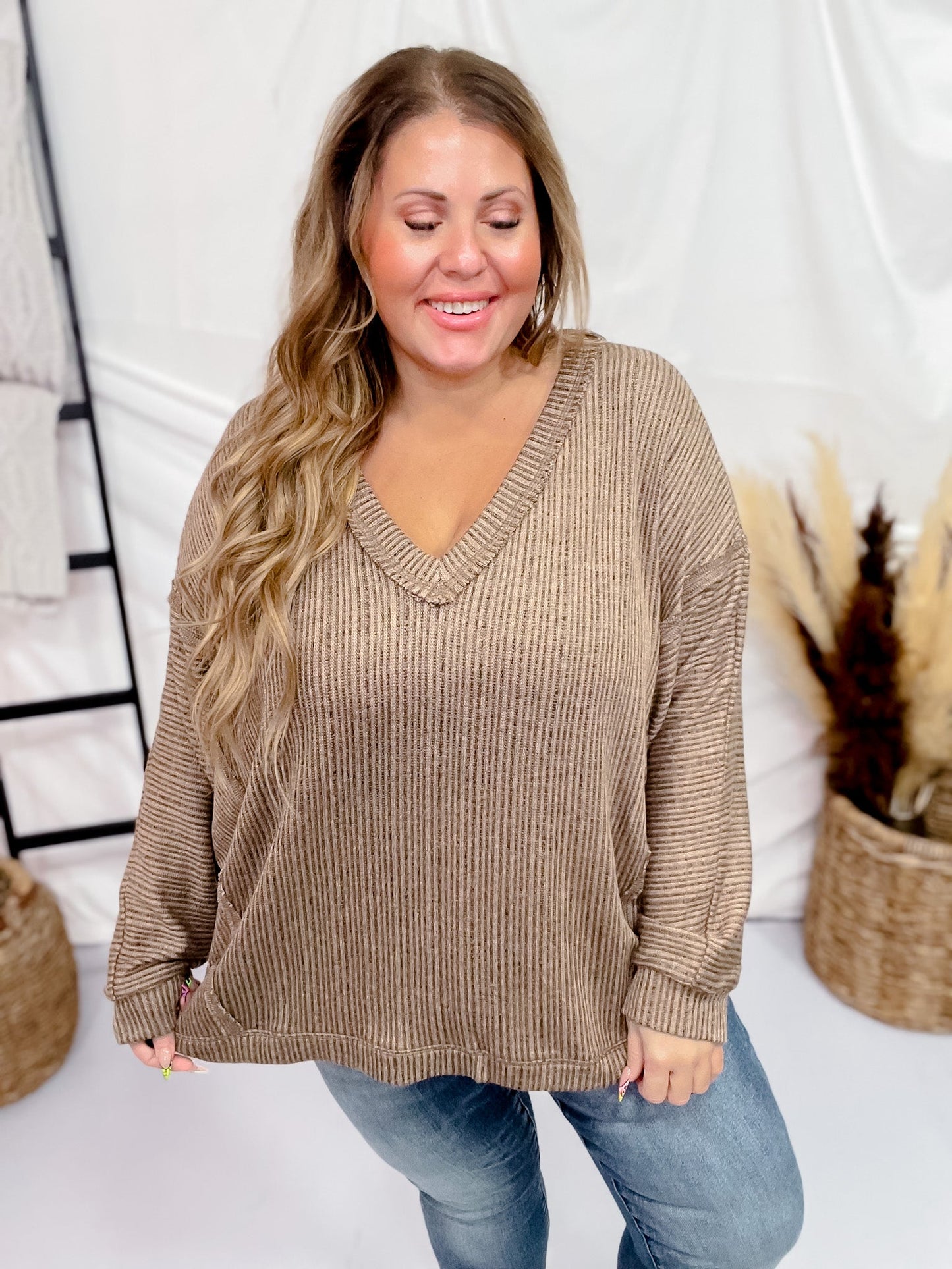 Striped V - Neck Drop Shoulder Top in Brown - Whiskey Skies - BLU PEPPER