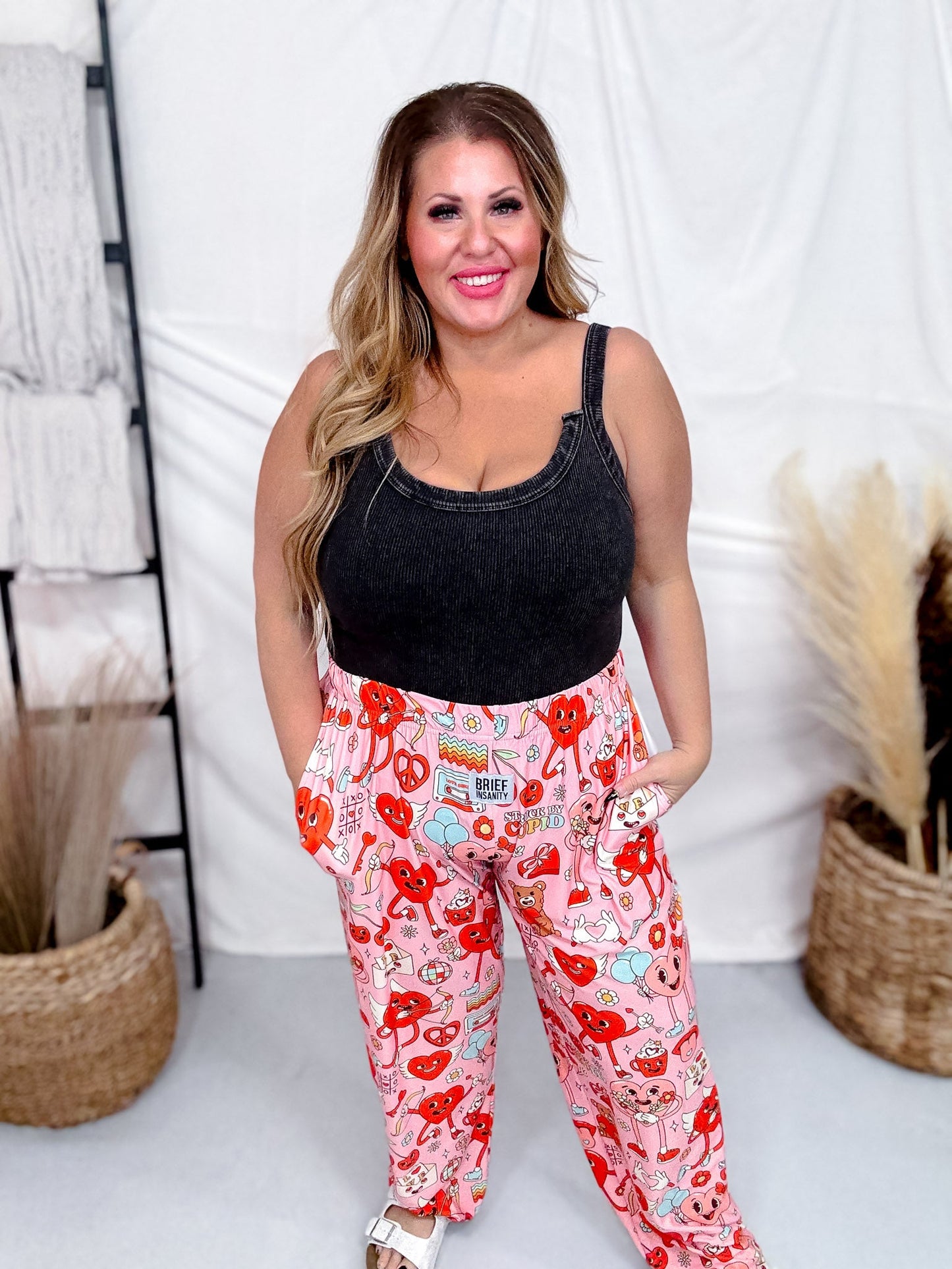 "Stuck By Cupid" Groovy Hearts Printed Loungewear Pants - Whiskey Skies - BRIEF INSANITY