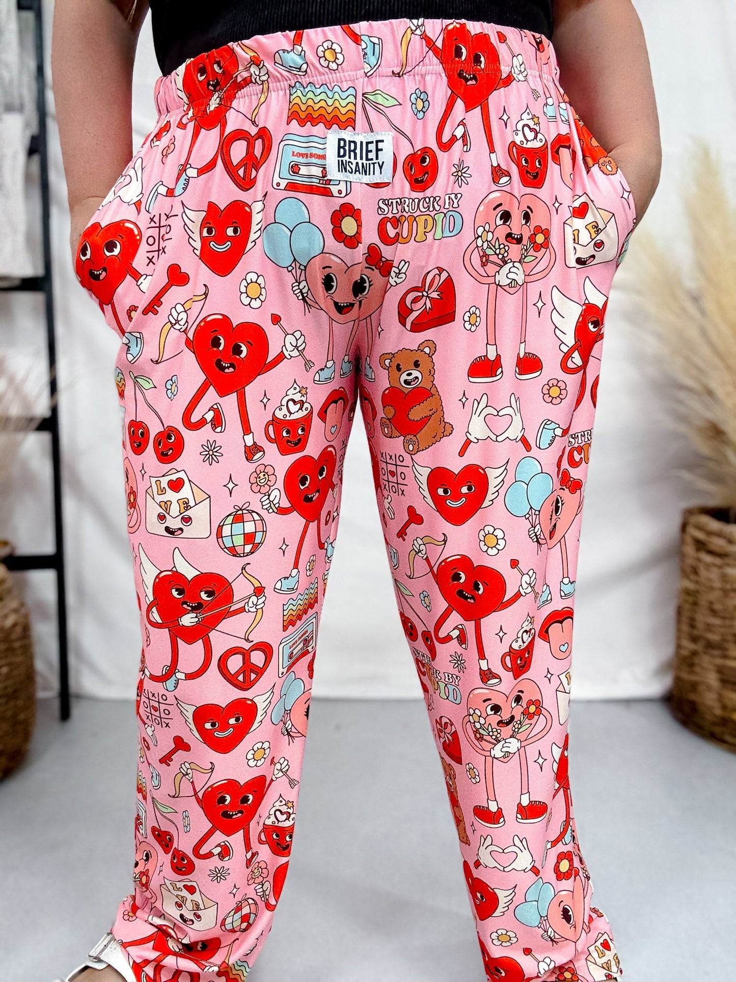 "Stuck By Cupid" Groovy Hearts Printed Loungewear Pants - Whiskey Skies - BRIEF INSANITY