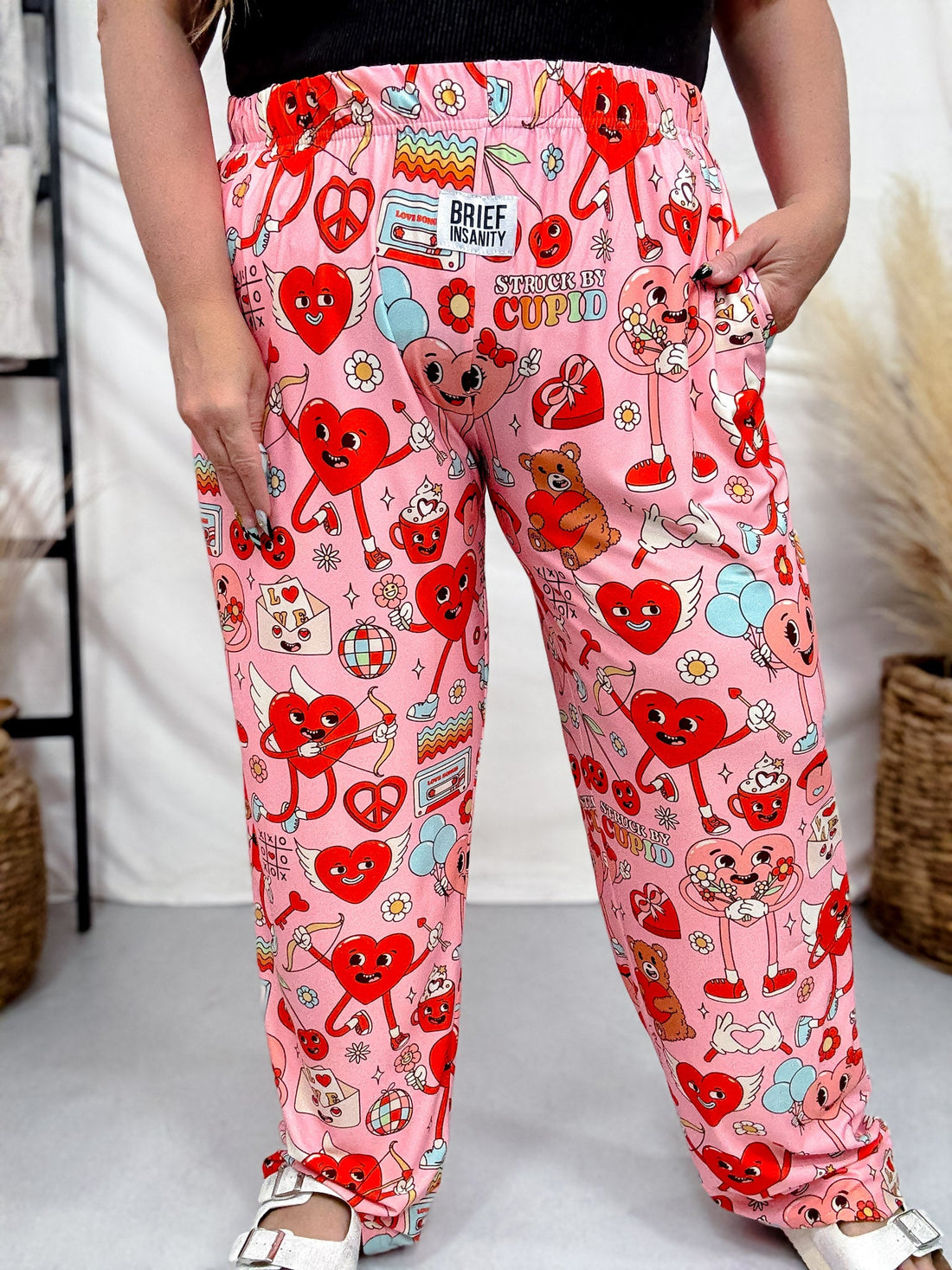 "Stuck By Cupid" Groovy Hearts Printed Loungewear Pants - Whiskey Skies - BRIEF INSANITY