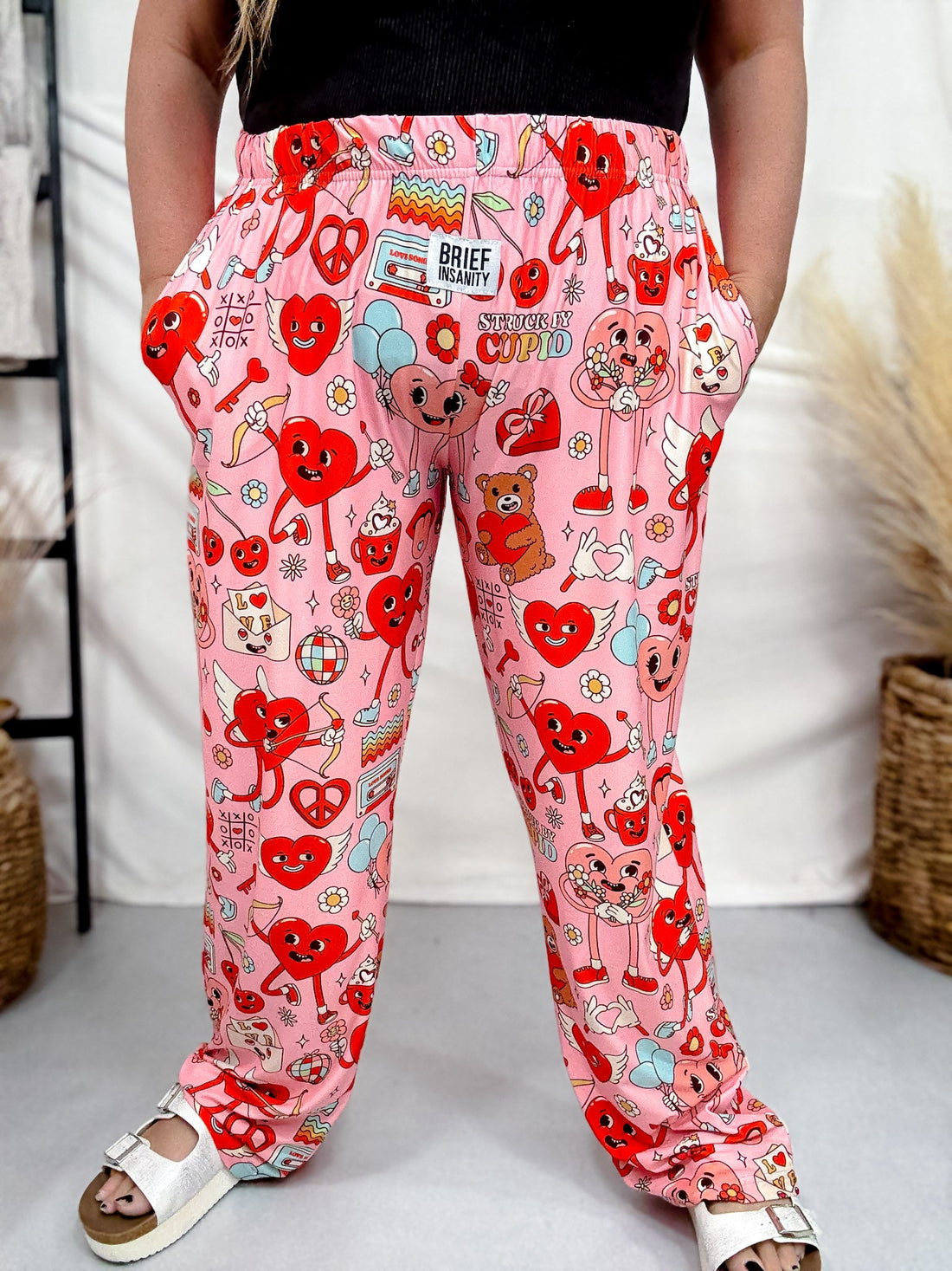 "Stuck By Cupid" Groovy Hearts Printed Loungewear Pants - Whiskey Skies - BRIEF INSANITY