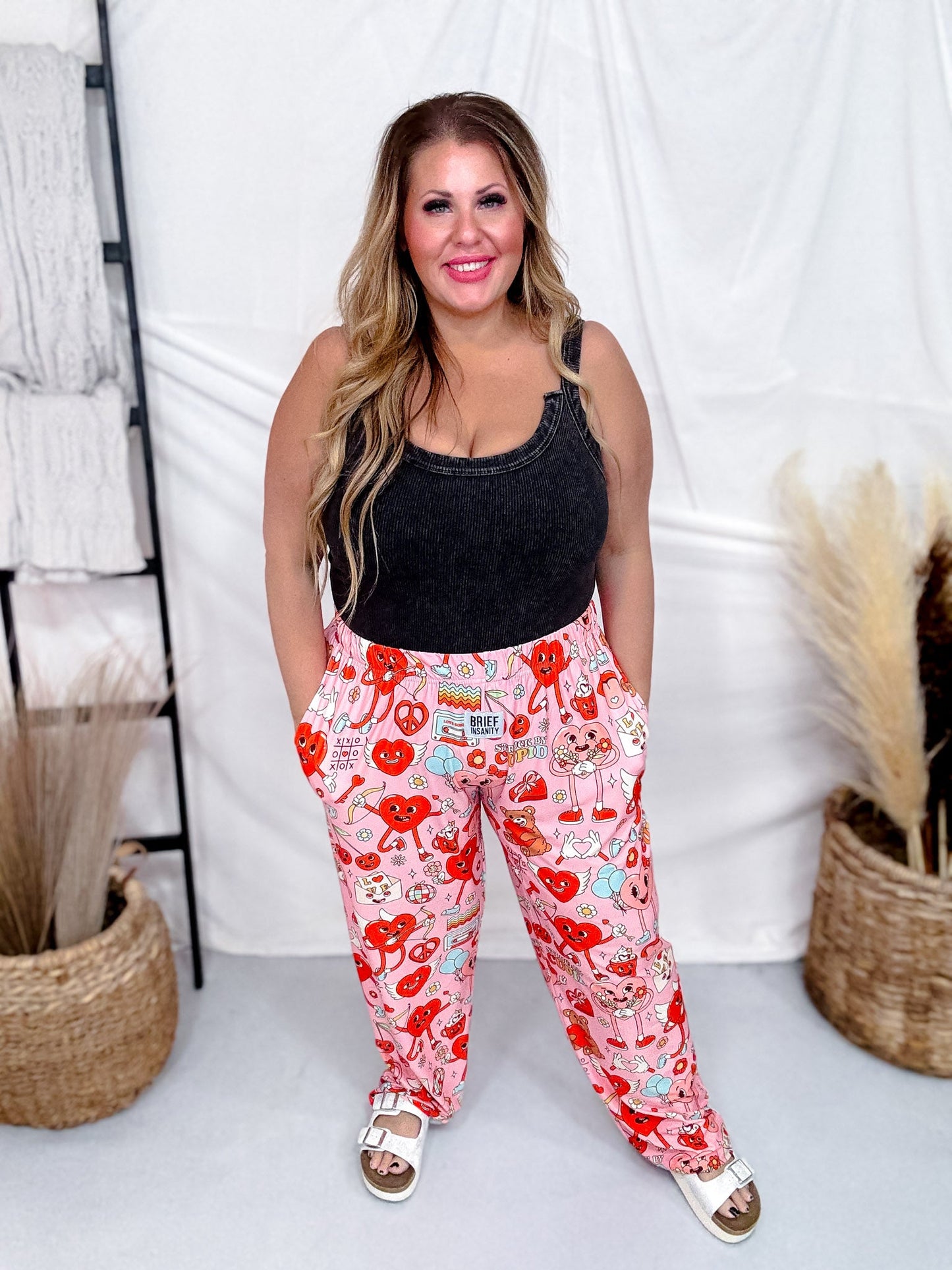 "Stuck By Cupid" Groovy Hearts Printed Loungewear Pants - Whiskey Skies - BRIEF INSANITY