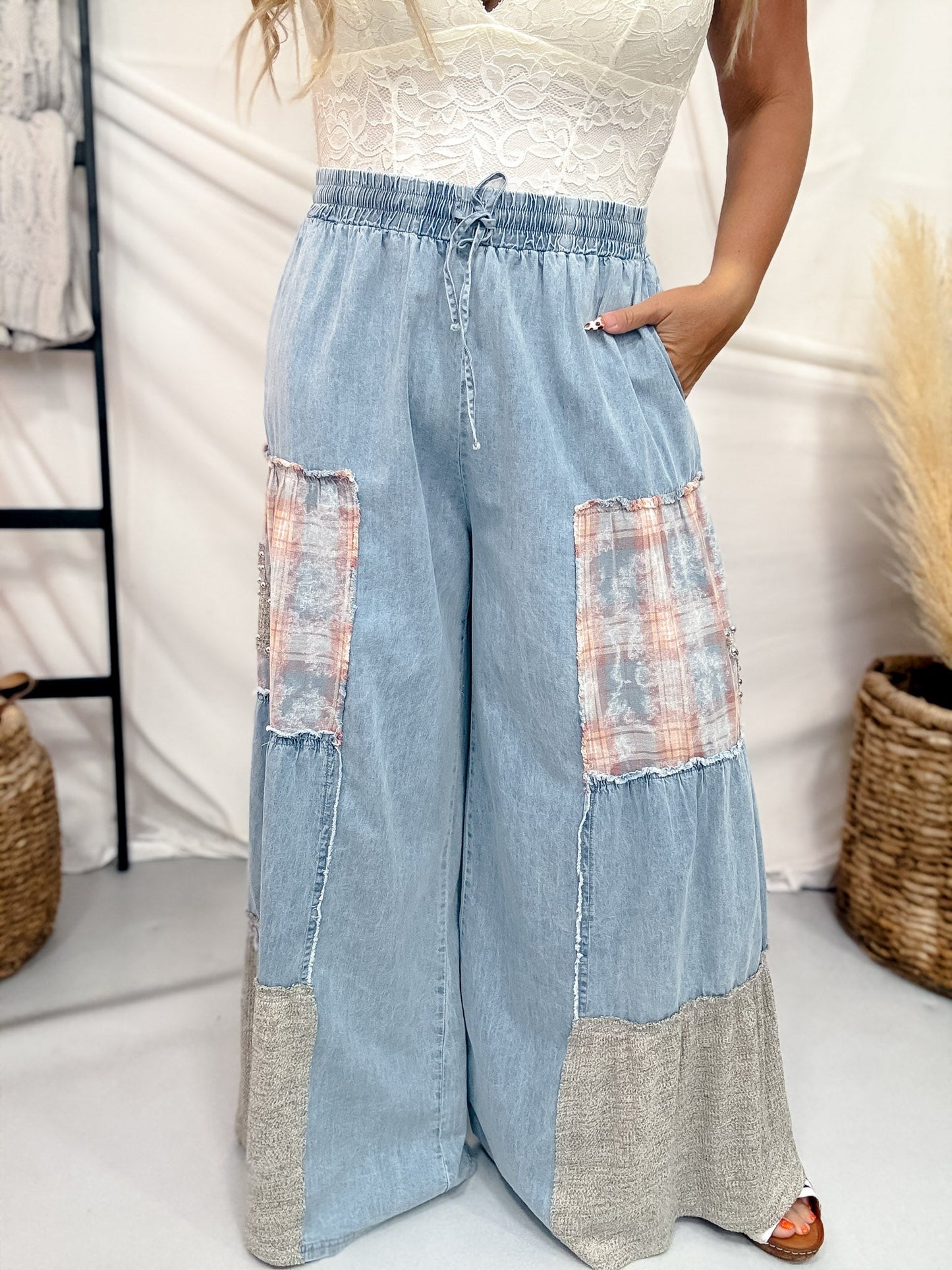 Studded Patchwork Chambray Wide Leg Pants W/ Elastic Waist - Whiskey Skies - DAVI & DANI