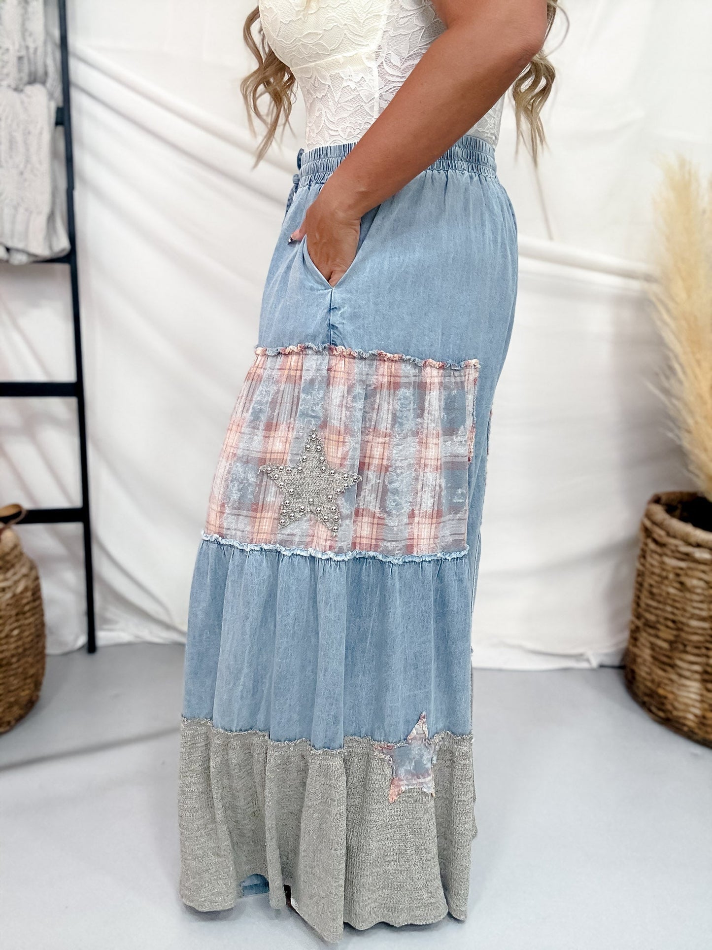 Studded Patchwork Chambray Wide Leg Pants W/ Elastic Waist - Whiskey Skies - DAVI & DANI