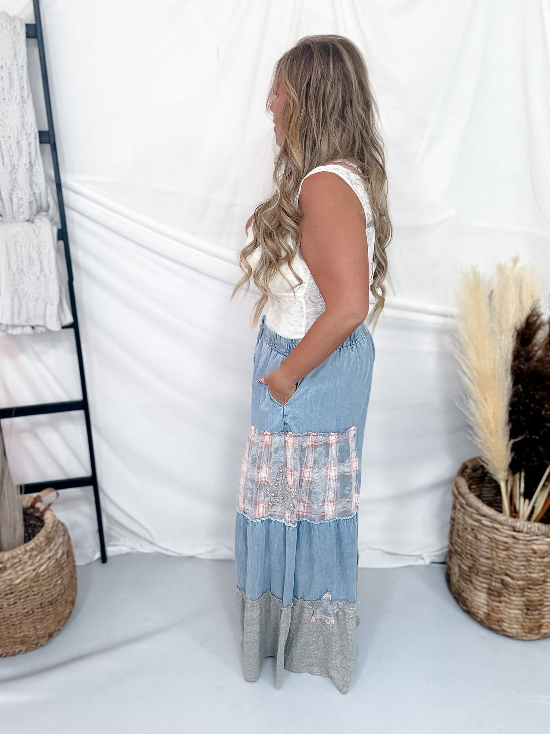 Studded Patchwork Chambray Wide Leg Pants W/ Elastic Waist - Whiskey Skies - DAVI & DANI