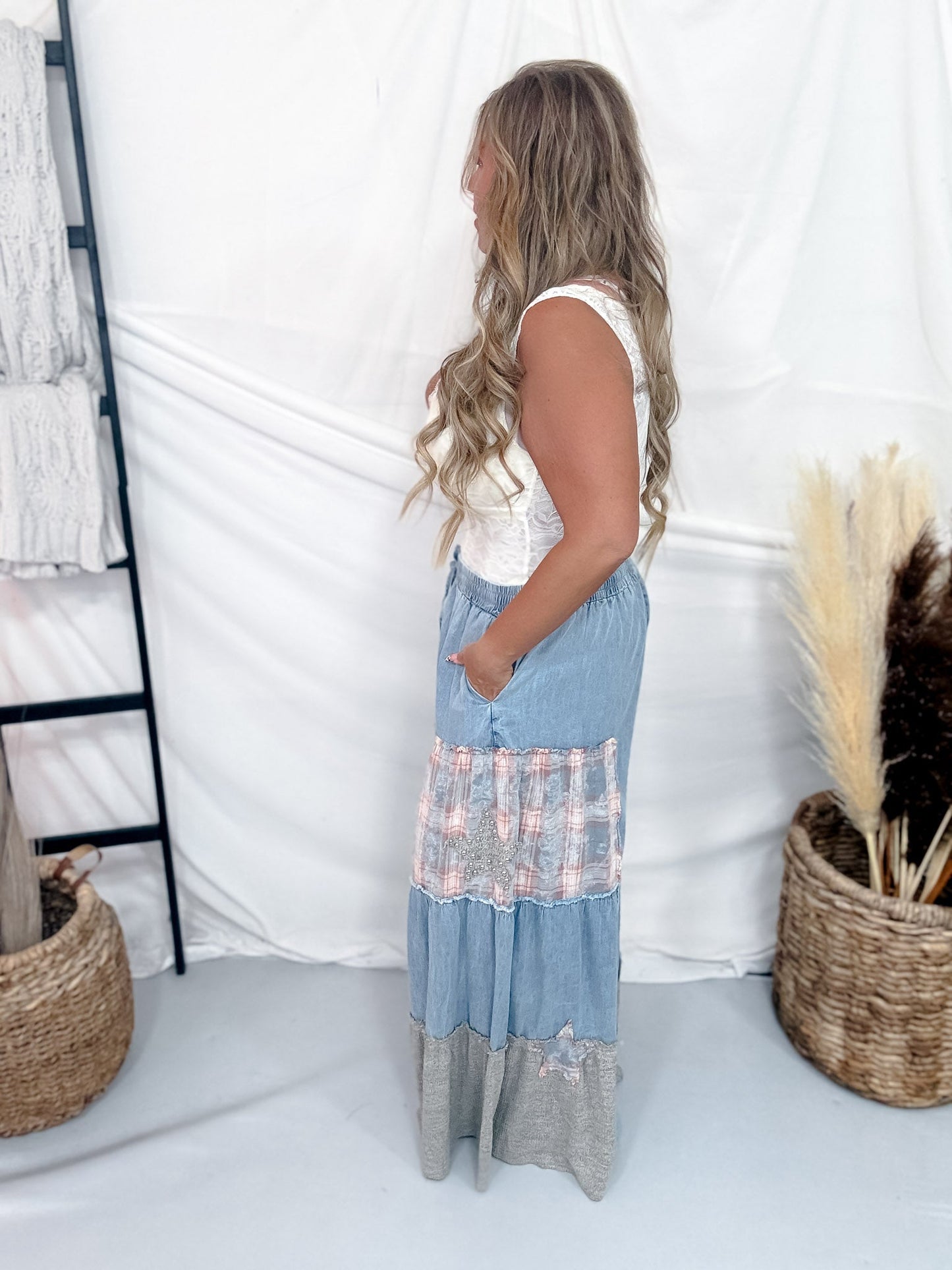 Studded Patchwork Chambray Wide Leg Pants W/ Elastic Waist - Whiskey Skies - DAVI & DANI