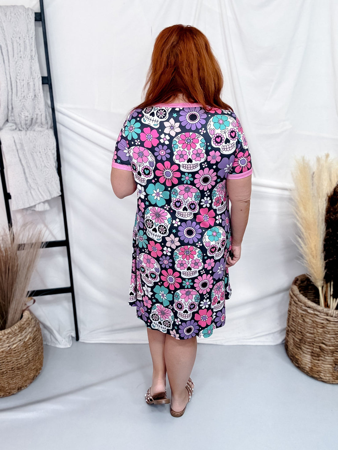 Sugar Skulls Loungewear Short Sleeve Night Dress - Whiskey Skies - SHIRLEY & STONE