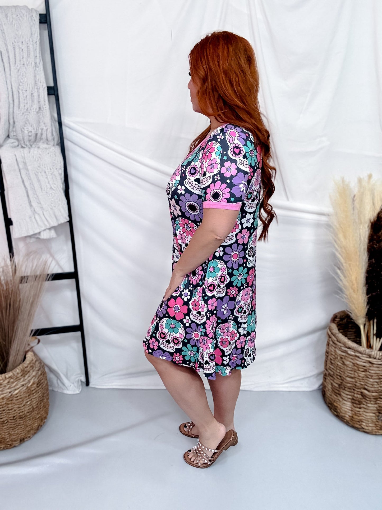 Sugar Skulls Loungewear Short Sleeve Night Dress - Whiskey Skies - SHIRLEY & STONE